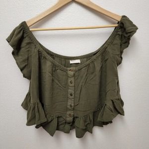 Full Tilt Army Green Off Shoulder Crop Top Blouse Ruffles Bohemian Womens Size S